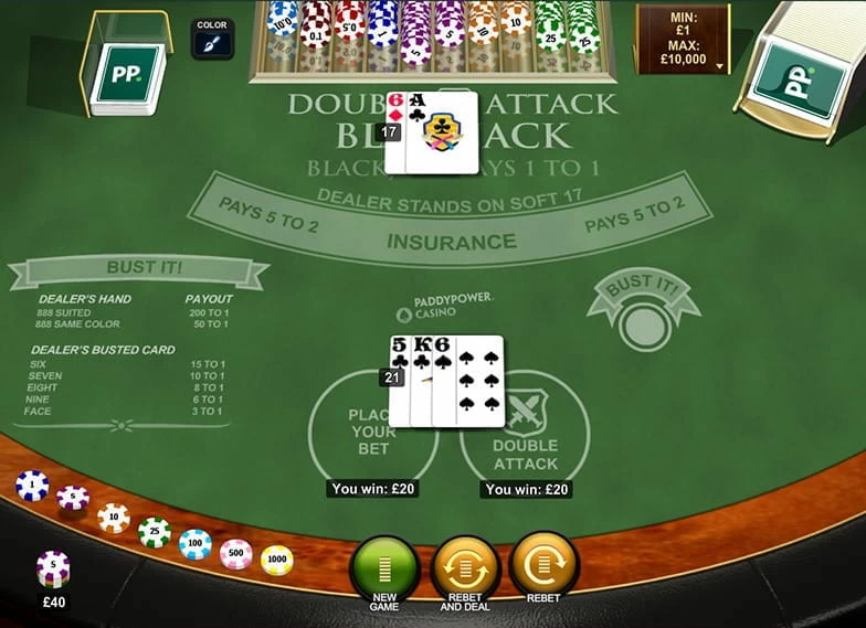 An in-game screenshot of Double Attack Blackjack