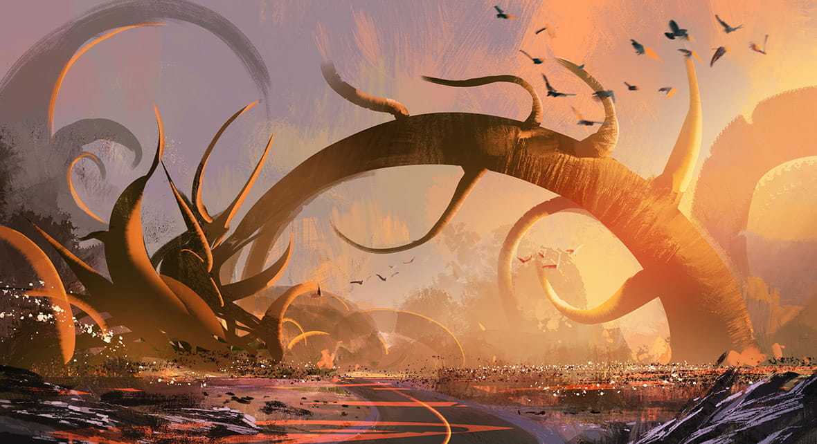 Fantasy Landscape Showing Gigantic Thorns in the Background