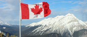 Canadian flag waving in the wind