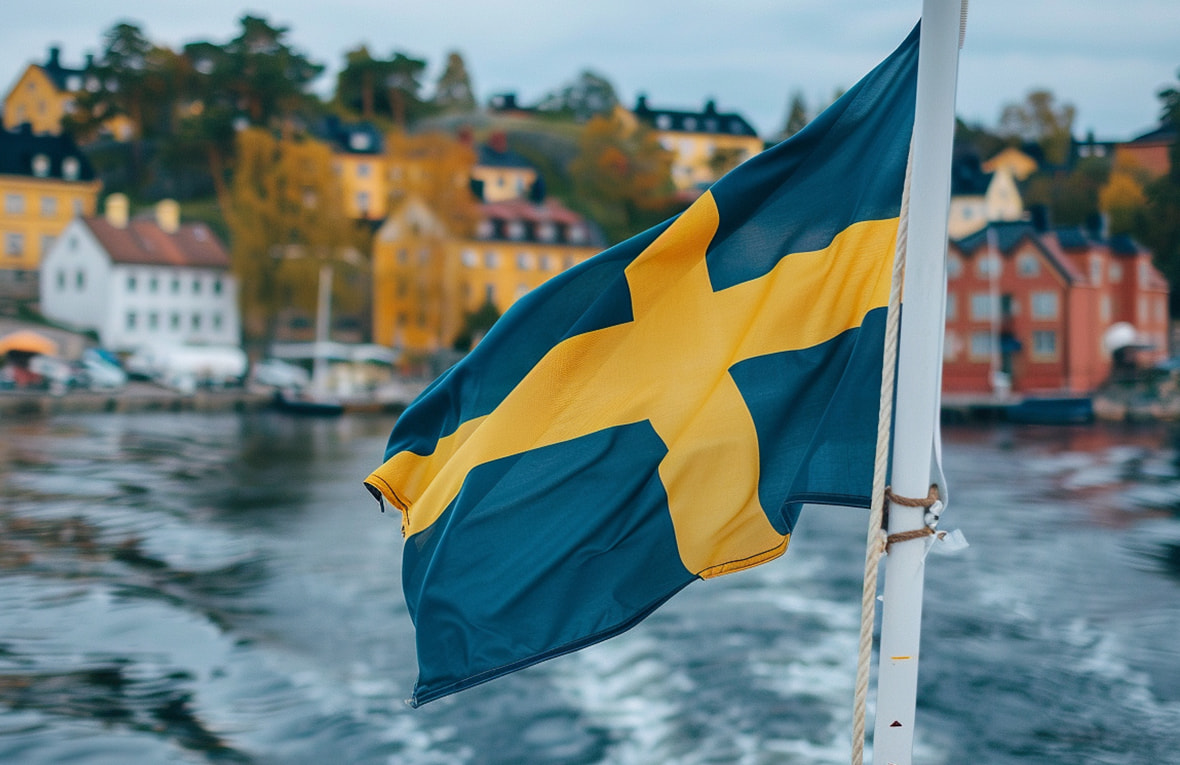 Swedish flag on a boat overlooking a town 