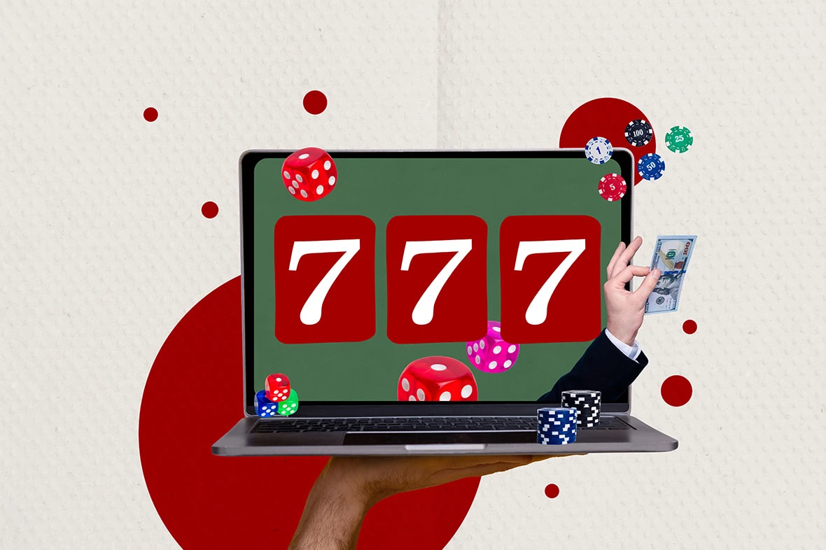 An array of slots-related images, including spinning reels, cherries and lucky sevens. 