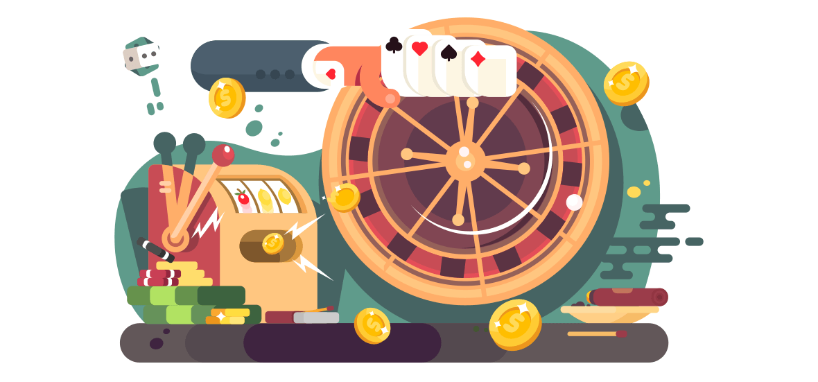 Casino roulette wheel, slot machine and a hand holding poker cards. 